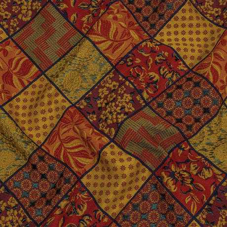 Red, Saffron and Metallic Navy Patchwork Squares Luxury Brocade