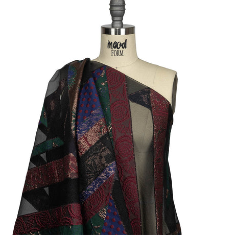 Metallic Royal, Evergreen and Red Patchwork Chevrons Luxury Organza Brocade