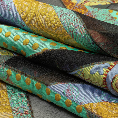 Metallic Seafoam, Mustard, and Ruby Patchwork Chevrons Luxury Organza Brocade