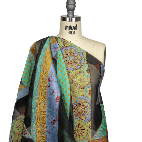 Metallic Seafoam, Mustard, and Ruby Patchwork Chevrons Luxury Organza Brocade