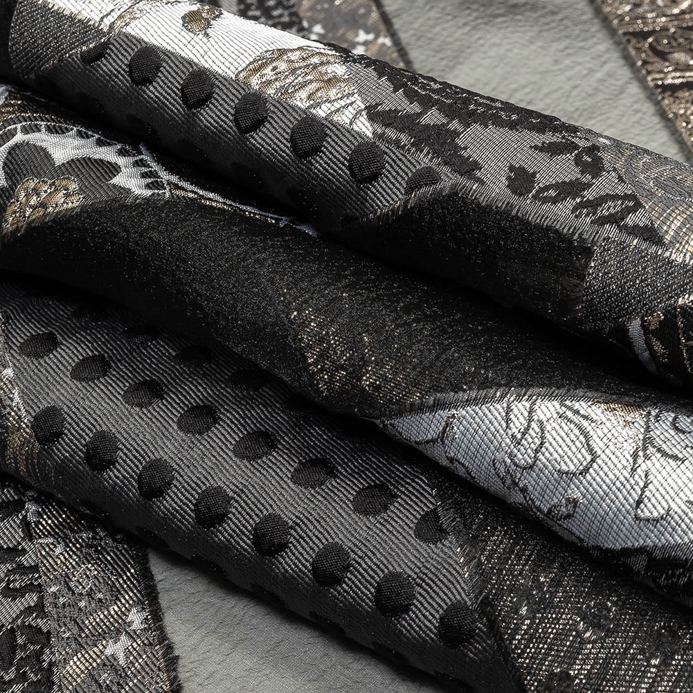 Metallic Silver, Black and Gray Patchwork Chevrons Luxury Organza Brocade