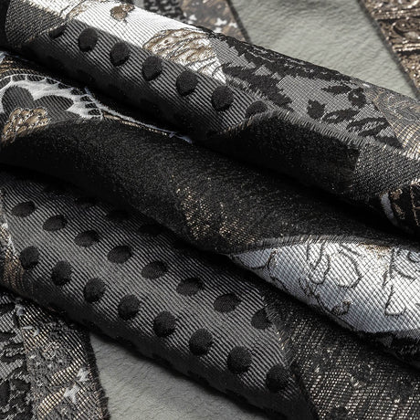 Metallic Silver, Black and Gray Patchwork Chevrons Luxury Organza Brocade