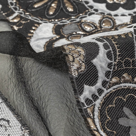 Metallic Silver, Black and Gray Patchwork Chevrons Luxury Organza Brocade