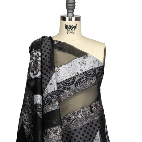 Metallic Silver, Black and Gray Patchwork Chevrons Luxury Organza Brocade