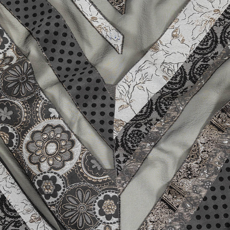 Metallic Silver, Black and Gray Patchwork Chevrons Luxury Organza Brocade
