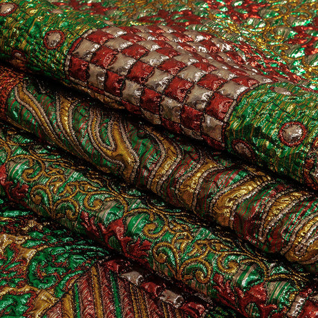 Metallic Red, Green and Yellow Gold Ornate Patchwork Luxury Brocade