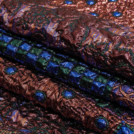 Metallic Rose Gold, Forest and Royal Blue Ornate Patchwork Luxury Brocade