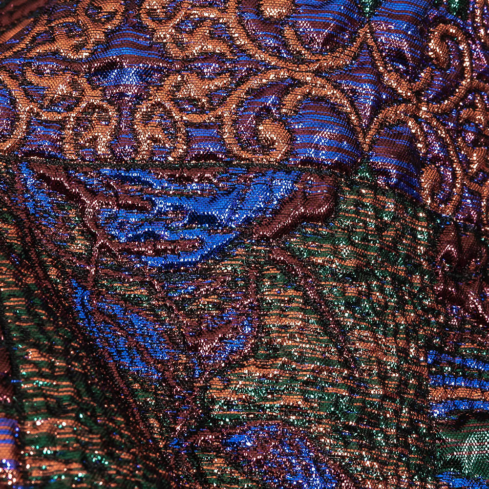 Metallic Rose Gold, Forest and Royal Blue Ornate Patchwork Luxury Brocade