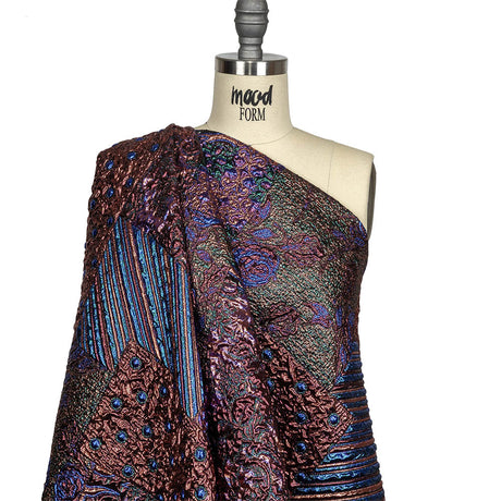 Metallic Rose Gold, Forest and Royal Blue Ornate Patchwork Luxury Brocade