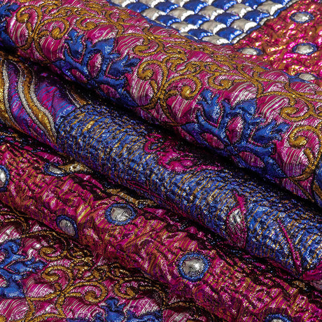 Metallic Blue, Pink and Yellow Gold Ornate Patchwork Luxury Brocade