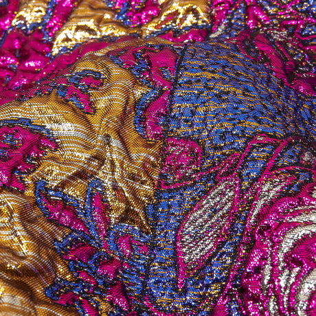 Metallic Blue, Pink and Yellow Gold Ornate Patchwork Luxury Brocade