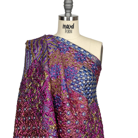 Metallic Blue, Pink and Yellow Gold Ornate Patchwork Luxury Brocade