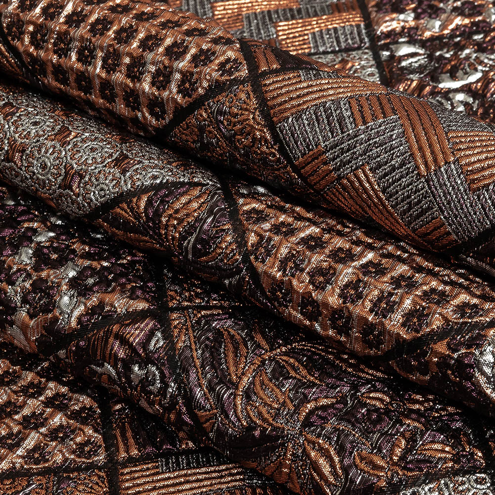 Metallic Silver, Copper and Maroon Patchwork Squares Luxury Brocade
