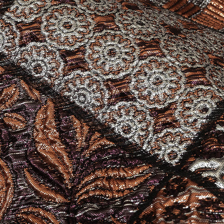 Metallic Silver, Copper and Maroon Patchwork Squares Luxury Brocade