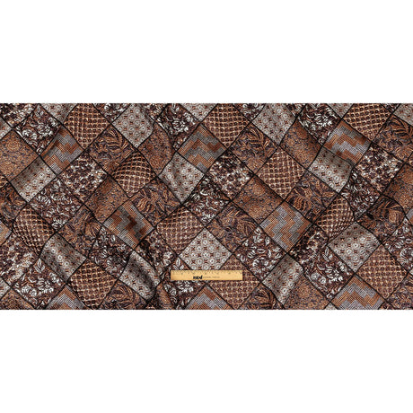 Metallic Silver, Copper and Maroon Patchwork Squares Luxury Brocade