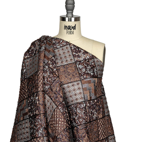 Metallic Silver, Copper and Maroon Patchwork Squares Luxury Brocade