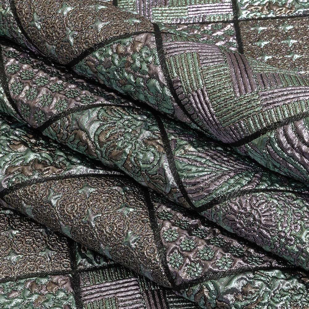 Metallic Baby Blue, Rose Gold and Lilac Patchwork Squares Luxury Brocade