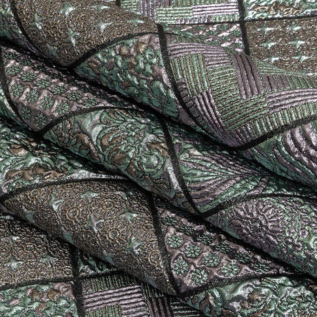 Metallic Baby Blue, Rose Gold and Lilac Patchwork Squares Luxury Brocade