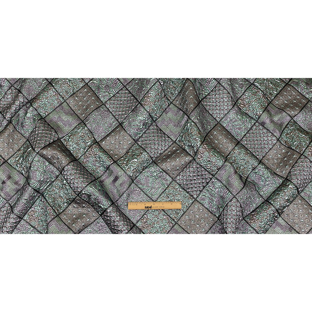 Metallic Baby Blue, Rose Gold and Lilac Patchwork Squares Luxury Brocade