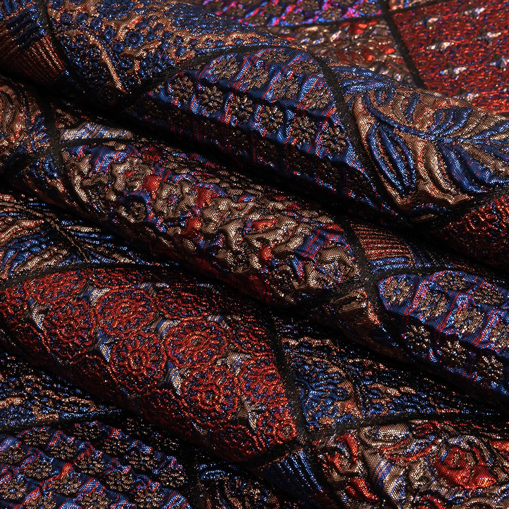 Metallic Royal Blue, Ruby and Bronze Patchwork Squares Luxury Brocade