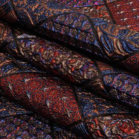 Metallic Royal Blue, Ruby and Bronze Patchwork Squares Luxury Brocade