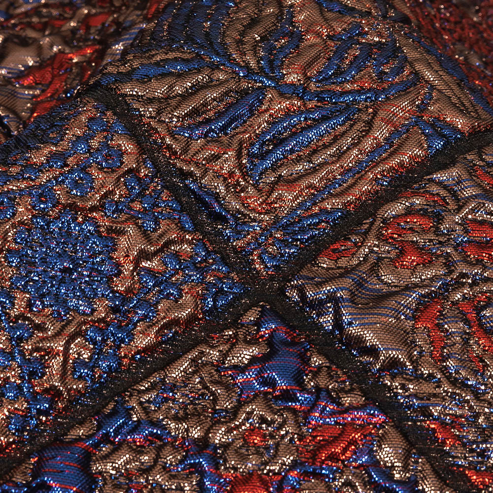 Metallic Royal Blue, Ruby and Bronze Patchwork Squares Luxury Brocade