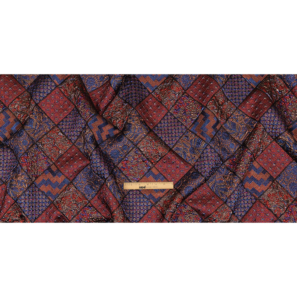 Metallic Royal Blue, Ruby and Bronze Patchwork Squares Luxury Brocade