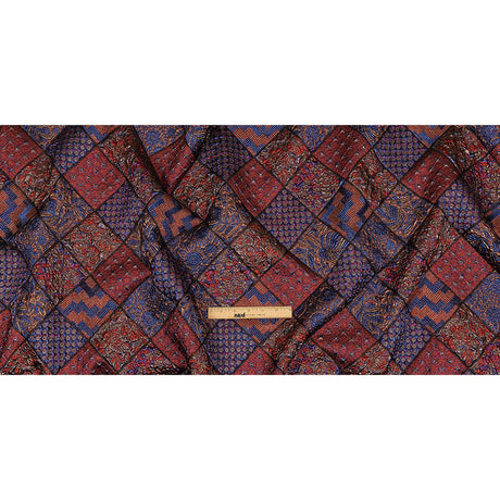 Metallic Royal Blue, Ruby and Bronze Patchwork Squares Luxury Brocade