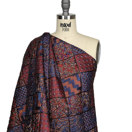 Metallic Royal Blue, Ruby and Bronze Patchwork Squares Luxury Brocade