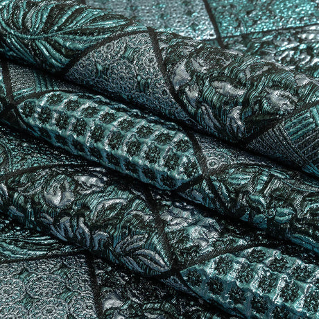 Metallic Turquoise, Powder Blue and Evergreen Patchwork Squares Luxury Brocade
