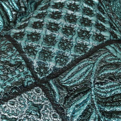 Metallic Turquoise, Powder Blue and Evergreen Patchwork Squares Luxury Brocade