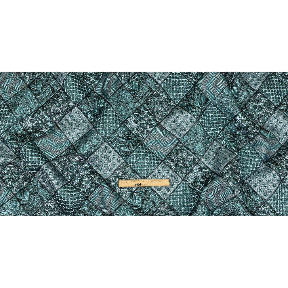 Metallic Turquoise, Powder Blue and Evergreen Patchwork Squares Luxury Brocade