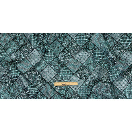 Metallic Turquoise, Powder Blue and Evergreen Patchwork Squares Luxury Brocade