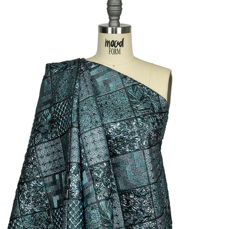 Metallic Turquoise, Powder Blue and Evergreen Patchwork Squares Luxury Brocade