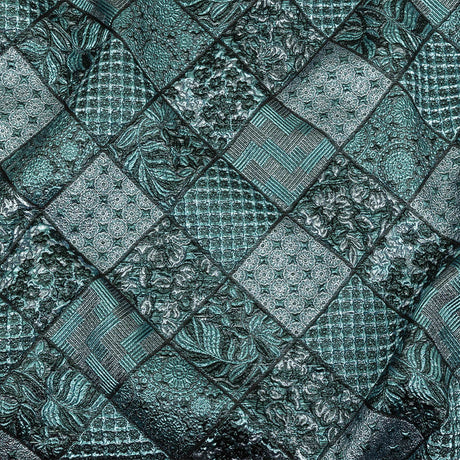 Metallic Turquoise, Powder Blue and Evergreen Patchwork Squares Luxury Brocade