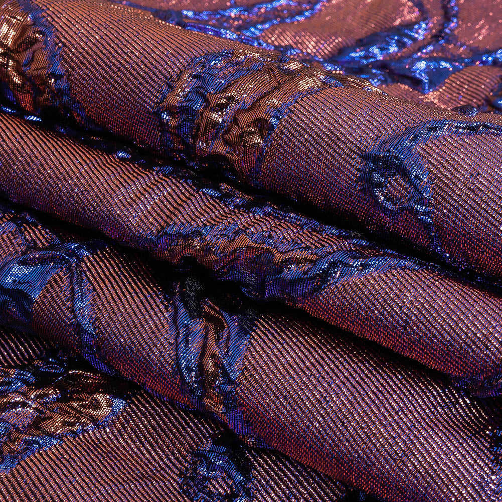 Metallic Iridescent Rose Gold and Bright Blue Floral Luxury Brocade