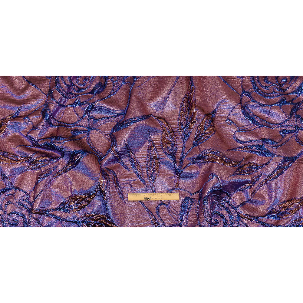 Metallic Iridescent Rose Gold and Bright Blue Floral Luxury Brocade