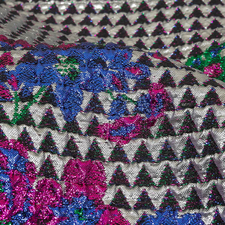 Metallic Silver, Pink and Blue Floral Triangles Quilted Look Luxury Brocade