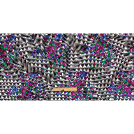 Metallic Silver, Pink and Blue Floral Triangles Quilted Look Luxury Brocade