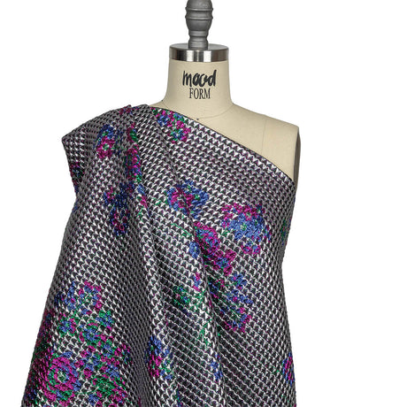 Metallic Silver, Pink and Blue Floral Triangles Quilted Look Luxury Brocade