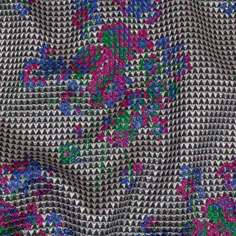 Metallic Silver, Pink and Blue Floral Triangles Quilted Look Luxury Brocade