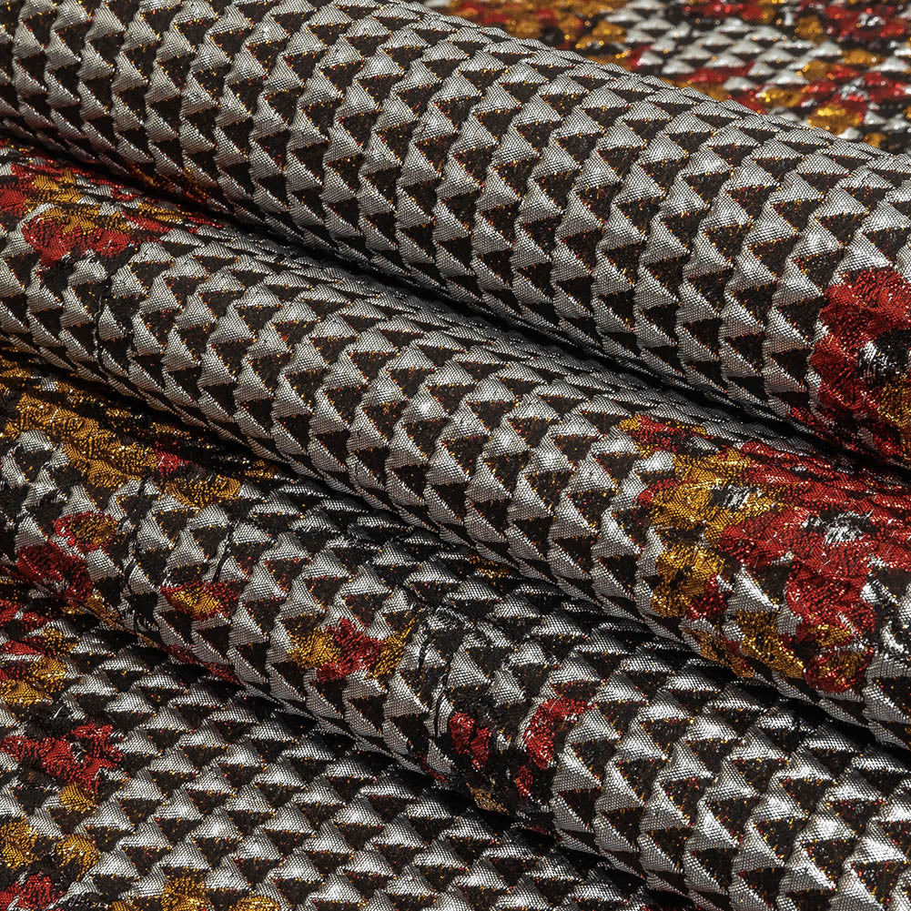 Metallic Silver, Red and Orange Floral Triangles Quilted Look Luxury Brocade