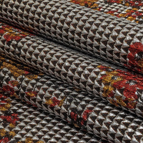 Metallic Silver, Red and Orange Floral Triangles Quilted Look Luxury Brocade