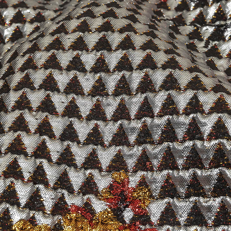 Metallic Silver, Red and Orange Floral Triangles Quilted Look Luxury Brocade