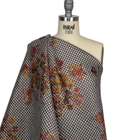Metallic Silver, Red and Orange Floral Triangles Quilted Look Luxury Brocade