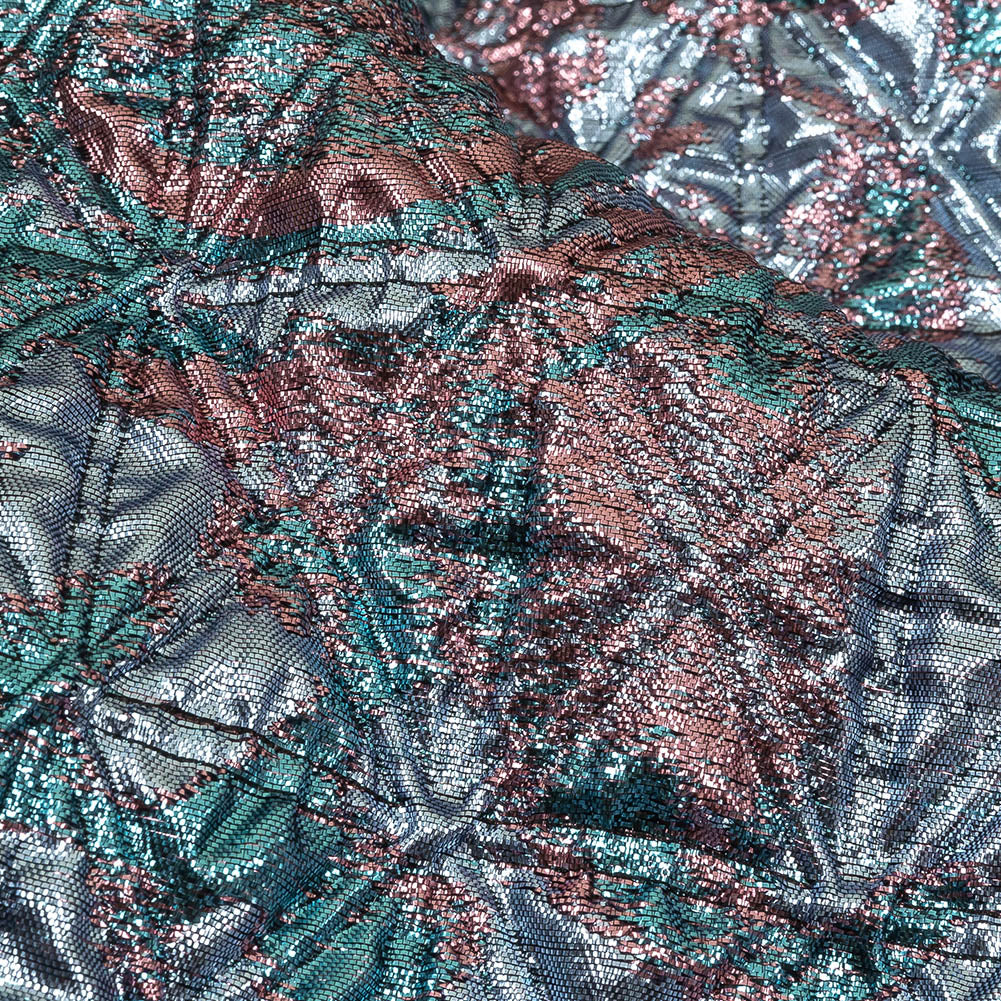 Metallic Powder Blue, Aqua and Baby Pink Lattice Quilted Look Luxury Brocade