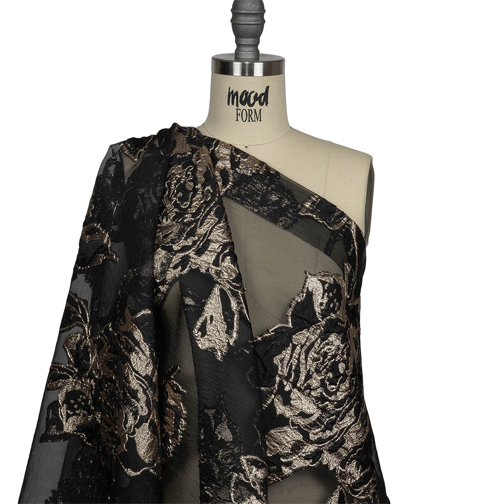 Metallic Gold and Black Roses Luxury Organza Burnout Brocade