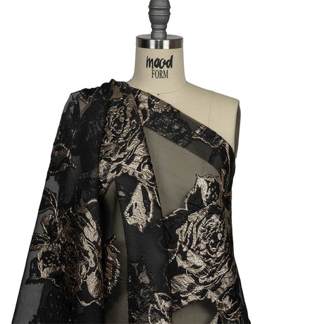 Metallic Gold and Black Roses Luxury Organza Burnout Brocade