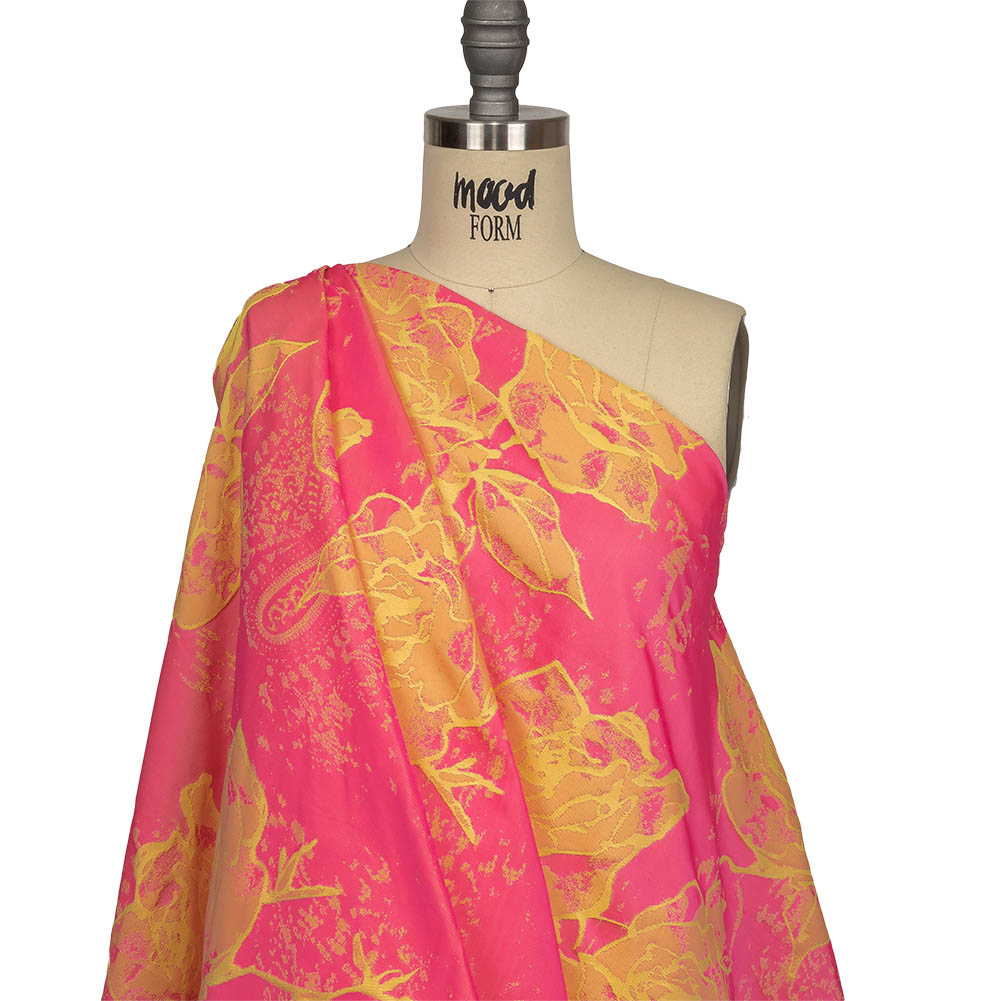 Neon Pink and Yellow Distressed Roses Luxury Brocade