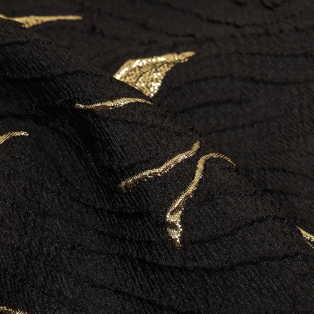 Metallic Gold and Black Floral Border Print Luxury Brocade